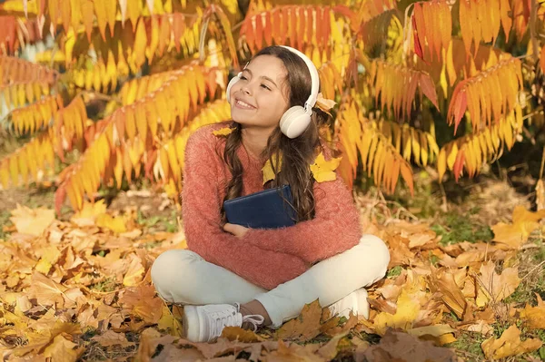 Biblioteka audio. Mała dziewczynka słucha książki audio w słuchawkach. Słodki dzieciak w słuchawkach stereo siedzieć na jesiennych liściach. Małe dziecko lubi uczyć się audio na łonie natury. Dźwięk do kształcenia na odległość — Zdjęcie stockowe