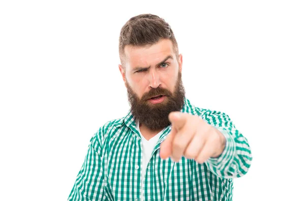 Oye, tú. Bien arreglado hipster mirando a la cámara. Hipster con bigote y barba larga. Hombre maduro barbudo musculoso brutal hipster fondo blanco. Masculinidad y brutalidad. Indicar el dedo índice — Foto de Stock