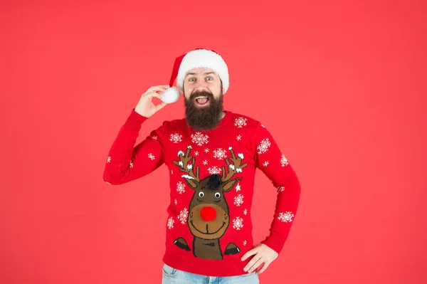 Santa Claus bärtiger Mann wünscht ein frohes neues Jahr und frohe Weihnachtsfeiertage bereit, Party mit Spaß und Freude voller Weihnachtsgeschenke, Party-Spaß zu feiern — Stockfoto