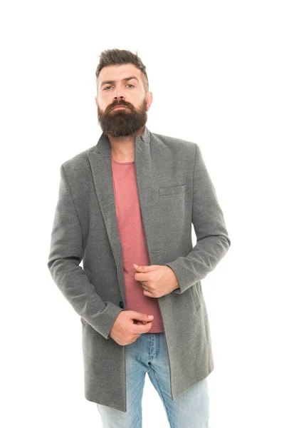 I prefer casual style. Stylish casual outfit. Menswear and fashion concept. Bearded hipster stylish fashionable jacket. Man wear casual jacket. Consultation of stylist. Male wardrobe. Modern outfit — Stock Photo, Image