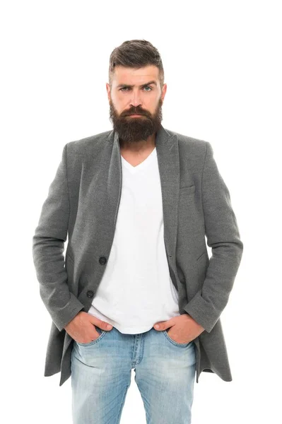 Casual outfit. Menswear and fashion concept. Man bearded hipster stylish fashionable jacket. Casual jacket perfect for any occasion. Simple and casual. Feeling comfortable in natural fabric clothes — Stock Photo, Image