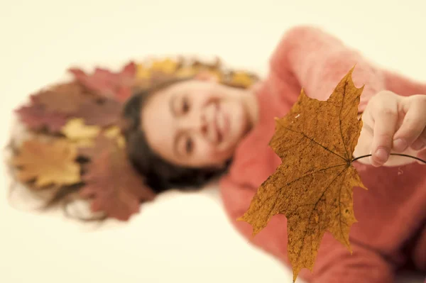 Nehmen Sie es. Kindergeburtstag aus nächster Nähe. Mädchen niedliches Kind langes Haar lag auf weißem Hintergrund mit abgefallenen Blättern. Ahornblätter Frisur. Herbstzeitkonzept. Haarpflege im Herbst. Splitternde Haarenden verhindern — Stockfoto