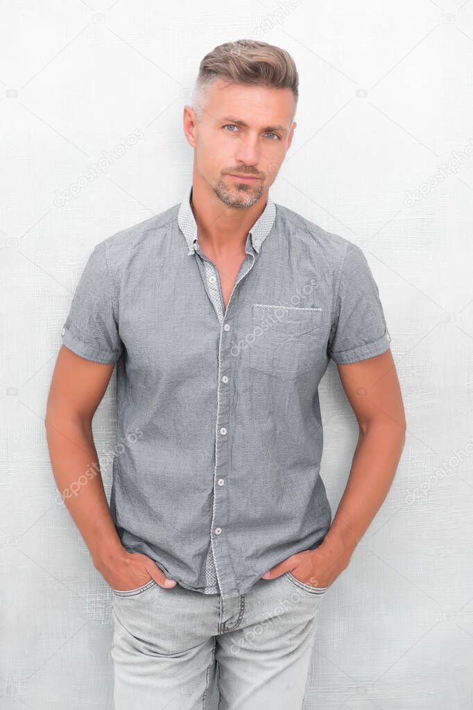 Fashion concept. Man model clothes shop. Mature man model. Menswear and fashionable clothing. Feeling comfortable day by day. Man looks handsome in casual shirt. Guy with bristle wear casual outfit