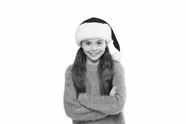 Adorabil zâmbind drăguț copil de așteptare pentru Moș Crăciun. Conceptul de sărbătoare. Frumuseţe pură. Respectă tradiţiile. Spiritul de iarnă. Petrecere de Anul Nou. Moş Crăciun copil claus. Pălărie de Moş Crăciun. Sărbători de iarnă fericite — Fotografie, imagine de stoc