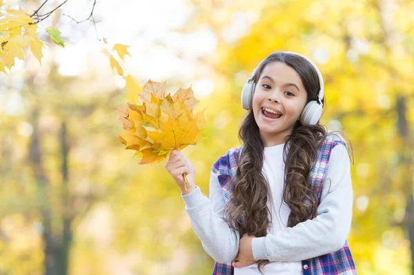 Criança feliz em estilo casual passar tempo na floresta de outono com folhas de bordo desfrutando de bom tempo enquanto ouve música em fones de ouvido, educação on-line — Fotografia de Stock