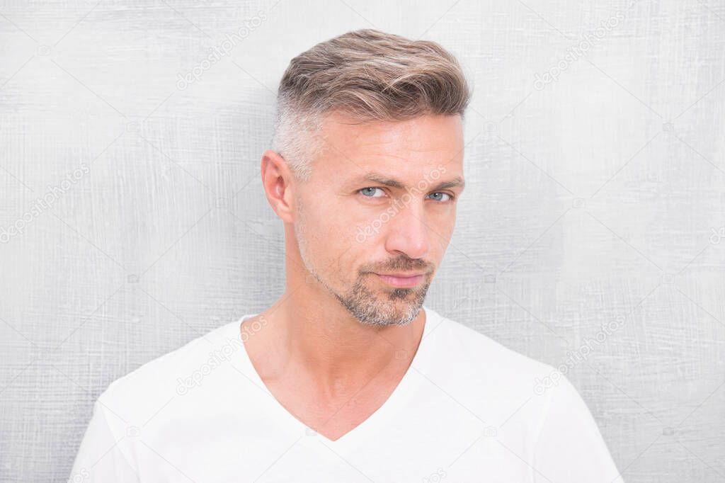 Grizzle hair suits him. Deal with gray roots. Man attractive well groomed facial hair. Barber shop concept. Barber and hairdresser. Man mature good looking model. Silver hair shampoo. Anti ageing