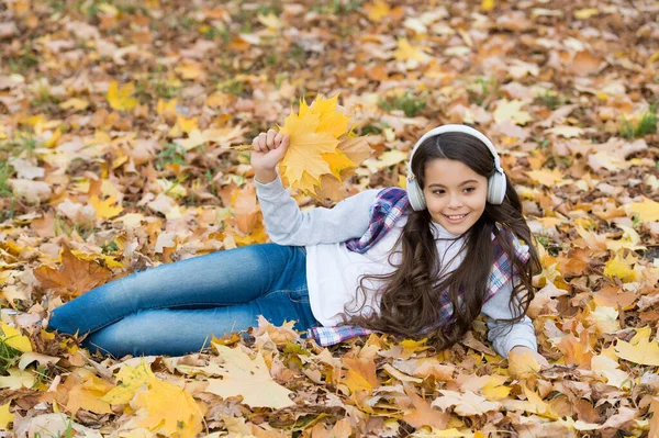 Perfetta giornata autunnale di allegro bambino ascoltare audiolibro o musica indossando auricolari in autunno stagione parco giocare con foglie d'acero cadute gialle, musica — Foto Stock