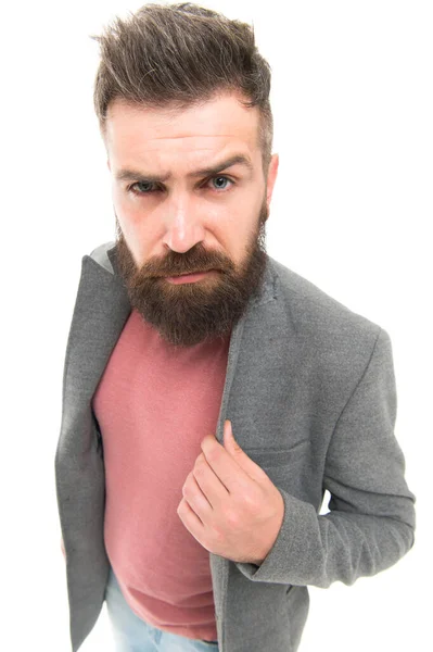 Fashionable and stylish man. Brutal man with long beard and stylish haircut. Caucasian man with mustache and beard hair on unshaven face. Bearded man wearing jeans with jacket — Stock Photo, Image