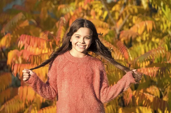 晴れた週末だ。公園で晴れた日にリラックスした女の子。秋の暖かい。秋の公園でスタイリッシュな笑顔の女の子。季節を選ばない暖かい乾燥した天候のインドの夏の期間。秋の自然。幸せな小さな子供屋外 — ストック写真