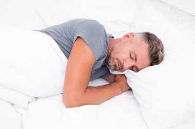 Uyuyan güzel. Yakışıklı adam yatakta yatıyordu. Her gece yeteri kadar uyuyorum. Bahşişler daha iyi uyuyor. Sakallı adam yastıkta dinleniyor. Hoş bir rahatlama konsepti. Mükemmel dinlenme