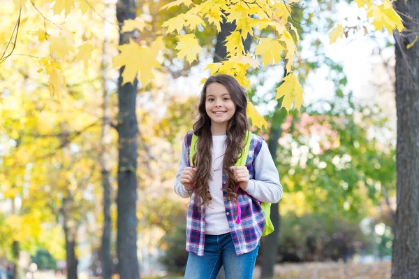 Mutlu çocuk sıradan giyinir. Genç kız okula giderken sırt çantası taşıyor. Çocuk sonbahar ormanında yürüyor. Parkta sonbahar yaprakları. Mevsimsel hava. çocukluk mutluluğu. Güzellik ve doğa — Stok fotoğraf