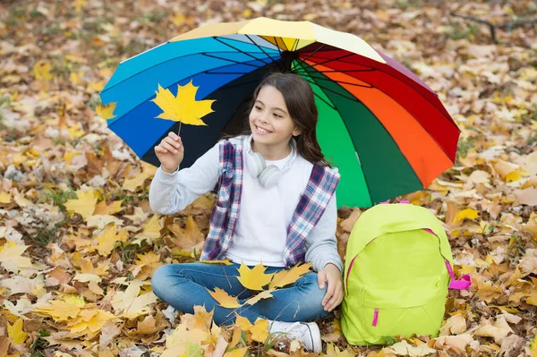 Kiszáradtam. Őszi gyerek színes esernyő alatt. Érezd az inspirációt. Boldog gyermekkort. Vissza az iskolába. egy lány hátizsákkal pihenjen a parkban. Élvezd az esést az erdőben. gyerek gyűjteni sárga lehullott juharfalevelek — Stock Fotó