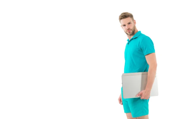 Sportsman with laptop isolated on white. Man carry laptop for internet game. Sport bets and gambling online. Online bets concept. Earn money on favorite sport team online. Bets and win online