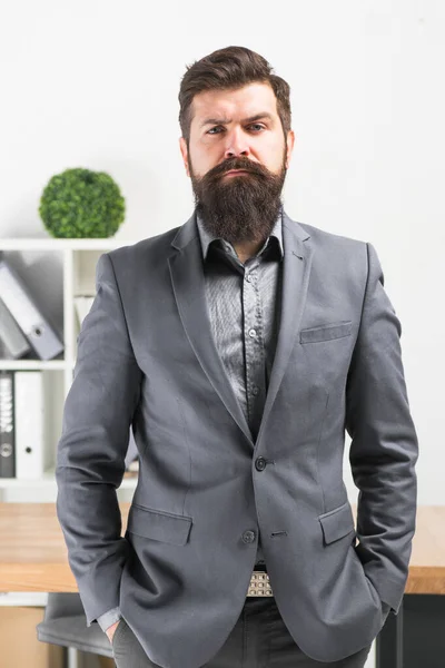 Bearded man boss. Mature hipster with beard. Confident brutal man boss. Business. Modern businessman. Businessman in formal suit. Serious man. Male fashion in business office. Boss and employee — Stock Photo, Image