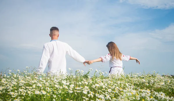 Вид ззаду на романтичну пару в білому одязі, що тримає руки в полі з квітами ромашки, любов'ю і свободою — стокове фото