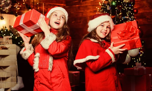 Estar sorprendido. Hermanitas de Santa Claus. Hermanitas con sombreros rojos. Espera a Santa Claus. En Navidad. Santa Claus. Niños elfos. Árbol de Navidad. Feliz año nuevo. Santa Claus, por favor ven. —  Fotos de Stock