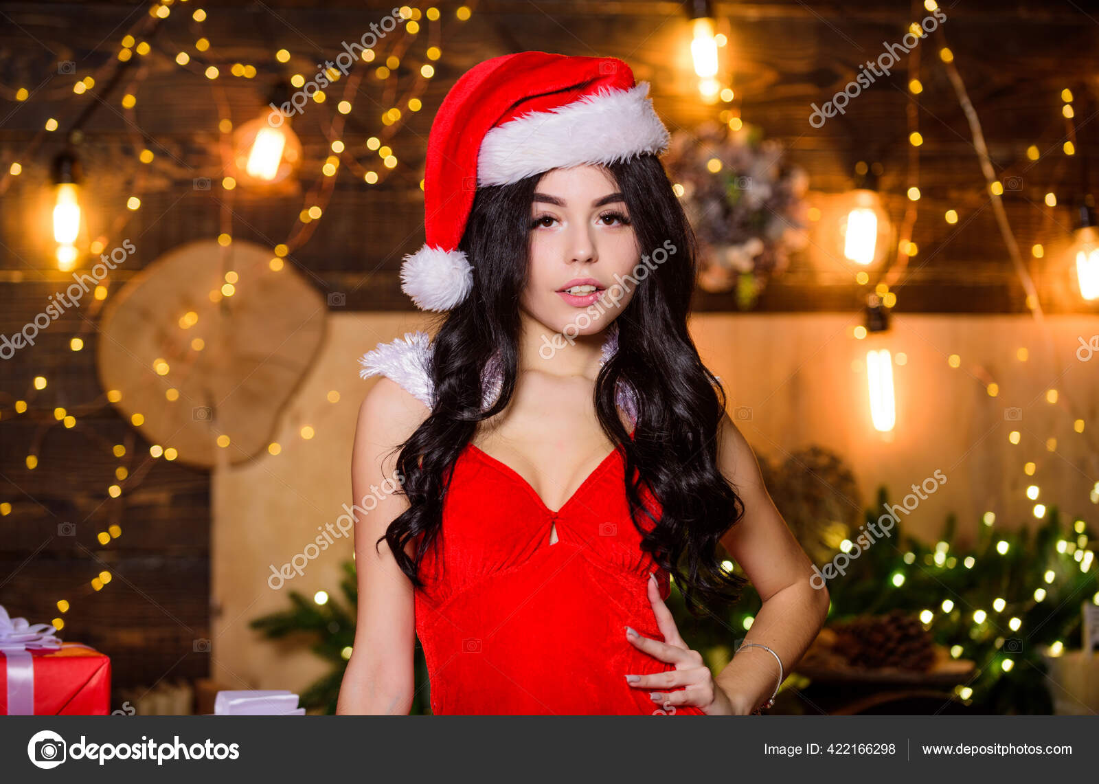 Naughty new nice. Erotic surprise. Sexual holidays. Attractive girl erotic lingerie. Desirable Santa girl. Party for adults. Lingerie boutique. Merry christmas