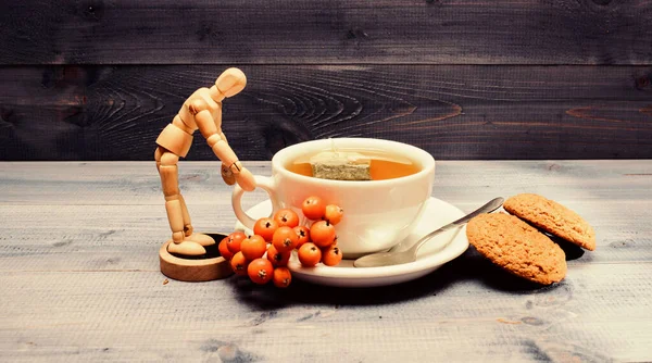 Kafe menüsü. Böğürtlen çayı. Seramik fincan sıcak demlenmiş çay içeceği. Aromatik rowanberry içeceği için. Sağlık hizmetleri kocakarı ilaçları. Mavi arka planda bir fincan çay yakın plan. Gurme lezzetli tat.