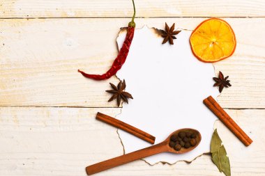 Kağıt parçasına sos kompozisyonu. Biberli tahta kaşıklar.