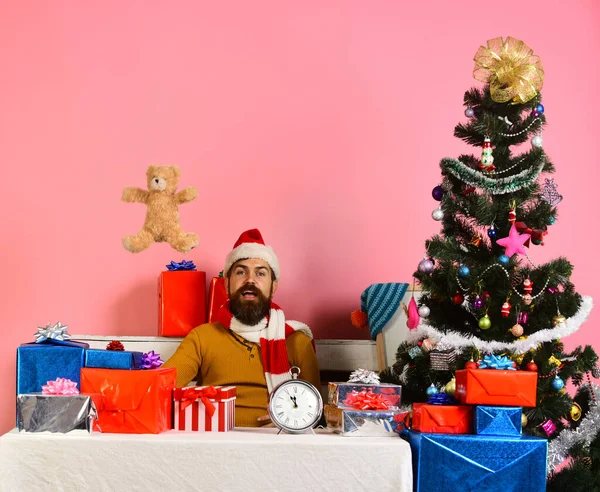 산타 테디 베어를 던져 주는 크리스마스 트리 — 스톡 사진