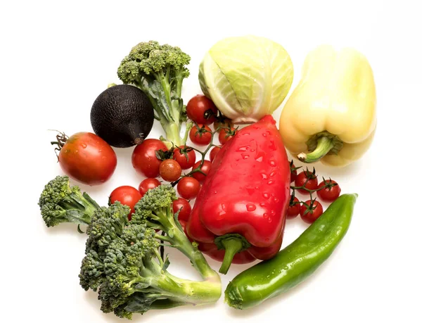 Bell peppers with cherry tomatoes and cabbages isolated on white — Stock Photo, Image