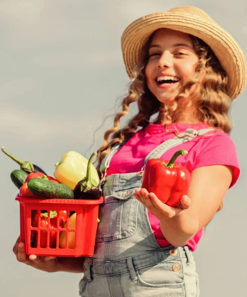 Enjoy your meal. harvest vitamin. spring market garden. little girl vegetable in basket. Only natural. happy little farmer. autumn harvest. kid on summer farm. Organic food. healthy food for children — Stock Photo, Image