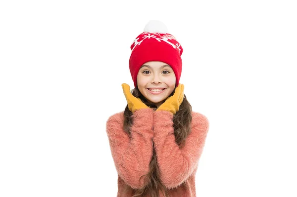 Care of knitwear. small girl in knitted hat and gloves. xmas holiday activity. child cosy sweater isolated on white. cold winter weather. warm clothes and accessory fashion for kids. happy childhood — Stock Photo, Image