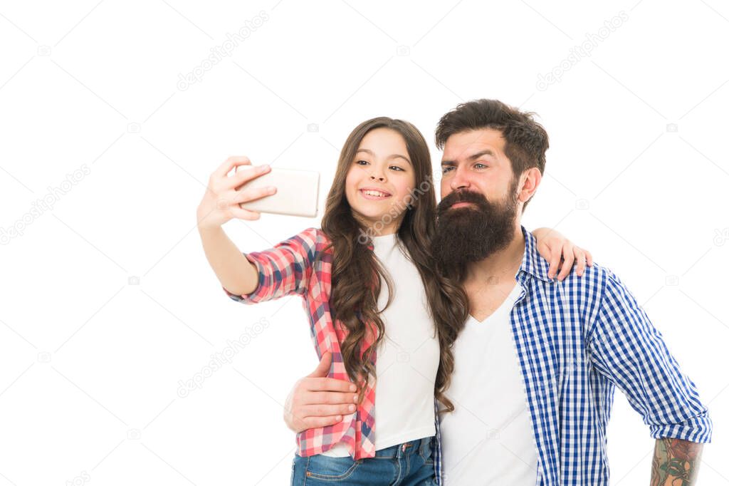 Father and daughter taking selfie. 4G technology. Blogger kid. Blogger concept. Life online. Blogger lifestyle. Capture happy moments together. Little girl with father. Little child cheerful dad