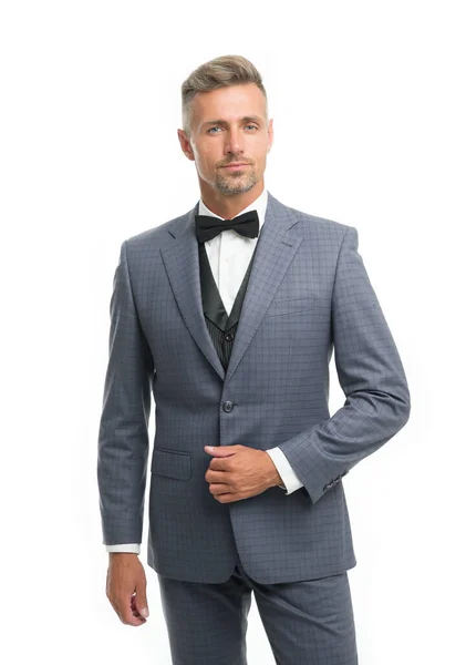 Tailored suit. Menswear concept. Guy well groomed handsome macho wear black tuxedo. Groom fashion trend. Fashion clothes. Modern trend. Rent suit service. Elegant outfit. Gentleman fashion style — Stock Photo, Image