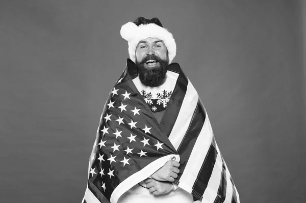 Live your dreams. Bearded man wear american flag. National decoration. Happy hipster celebrate xmas and new year. Christmas decoration. Party decoration. Patriotic decoration ideal for celebrating