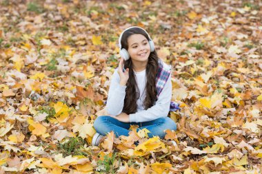 Dinlenmene yardımcı olması için kendini müzikle rahatlatıyorsun. Mutlu çocuk sonbahar yapraklarının üzerinde oturmuş müzik dinliyor. Eğlence ve eğlence. Boş zaman aktiviteleri. Modern hayat ve teknoloji. Temiz hava al. Dinleyin, tadını çıkarın.