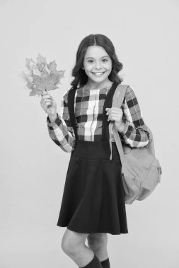 Sonbahar okul zamanıdır. Sarı arka planda mutlu liseli kız. Sonbahar yaprakları ve okul çantasıyla gülümseyen küçük bir çocuk. Küçük çocuk sonbaharda okula geri dönüyor. Ciddi değil, sadece okul mutluluğu.