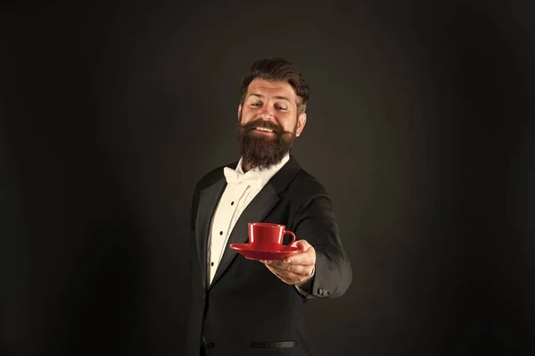 Try best coffee in your life. Man bearded hipster prepared coffee. Drinking coffee. Businessman enjoy coffee break. Preparing caffeine beverage. Cafe equipment. Buy whole roasted arabica beans