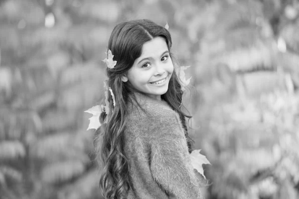 Cozy autumn day. Play with leaves. Happy childhood. Fall festival. Simple happiness. Kid enjoy autumn outdoors. Meet autumn. Little girl smiling happy cute child gorgeous long hair maple leaves — Stock Photo, Image