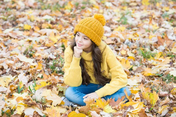 Roupas quentes moda. tempo sazonal. felicidade infantil. beleza da natureza queda. criança feliz usar camisola de malha e chapéu. menina adolescente relaxar entre as folhas caídas. criança passeio na floresta de outono — Fotografia de Stock