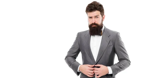 Elegância e estilo masculino. Empresário ou anfitrião roupa elegante isolado branco. Conceito de moda. Estilo elegante. Homem barbudo hipster usar roupa clássica terno. Roupa formal. Cuide bem do terno — Fotografia de Stock