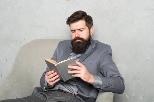 Reading authority business book. Business experience. Decision making part management. Man bearded businessman thoughtful face inspired by book making decision. Business decision. Useful information