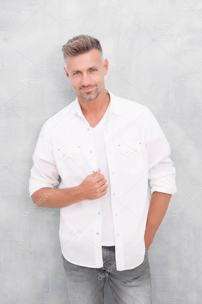 Fashion concept. Man model clothes shop. Mature man model. Feeling comfortable day by day. Menswear and fashionable clothing. Man looks handsome in casual shirt. Guy with bristle wear casual outfit