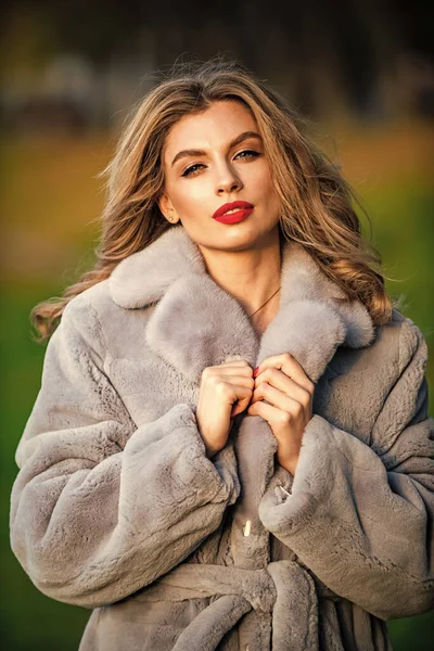機会だ。視覚的な美学。贅沢さと成功の概念。毛皮を着ることの利点です。エレガントな女性の毛皮のコート。美しさとファッション。秋と冬のスタイル。比類のない暖かさ。フェイクファー対リアルファー — ストック写真