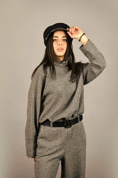 Woman wear grey suit blouse and pants. Shop Your Style. Designed for your comfort. Warm comfortable clothes. Casual style for every day. Fashionable knitwear. Knitwear concept. Feel comfortable — Stock Photo, Image