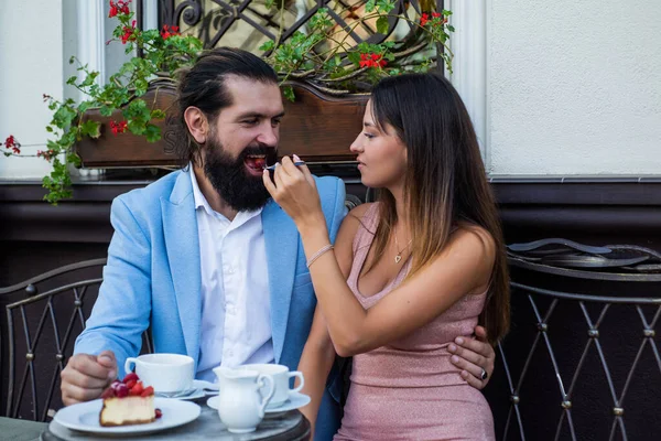 Family anniversary. pure feelings. bearded man hipster hug sexy woman. guy embrace his girl in cafe. couple in love. feel the romance. first meet date. morning vibes. celebrate romantic holiday — Stock Photo, Image