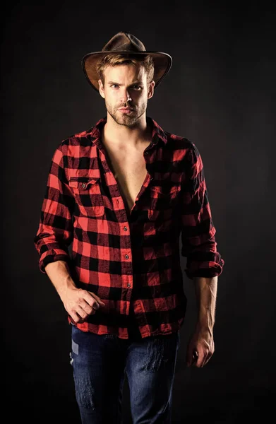Masculine ideal. Western life. Masculinity and brutality concept. Cowboy life came to be highly romanticized. Adopt cowboy mannerisms as a fashion pose. Man unshaven cowboy black background