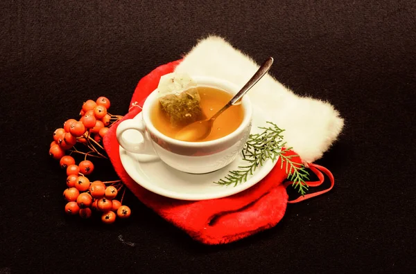 Herbal tea. Gourmet delicious taste. Ceramic cup hot fresh brewed tea beverage. Health care folk remedies. Warm winter beverage. Cafe restaurant menu. Cup of tea on black background close up — Stock Photo, Image