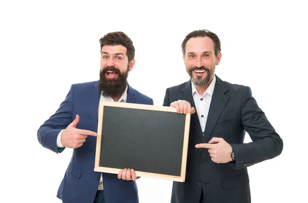 Business people concept. Men bearded guys wear formal suits. Well groomed business man hold chalkboard. Hr hiring. Men successful entrepreneurs. Economic education. Business academy. Join our company — Stock Photo, Image