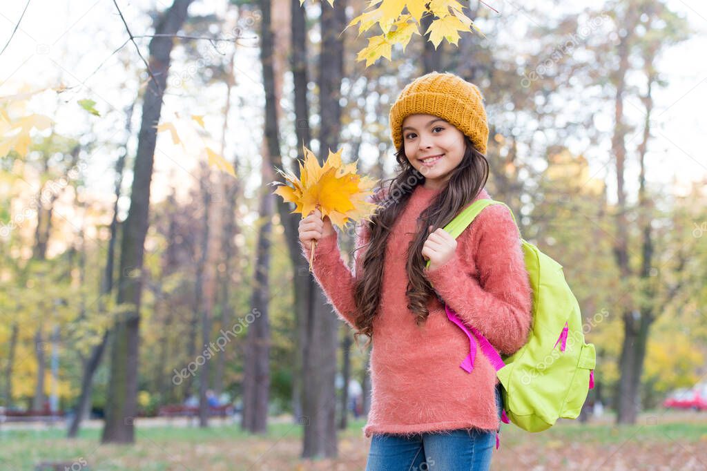 Feeling great. kid arranging yellow maple leaves. autumn knitted fashion. back to school. season for inspiration. happy childhood. teenage girl relax in park. fall season beauty. enjoy day in forest
