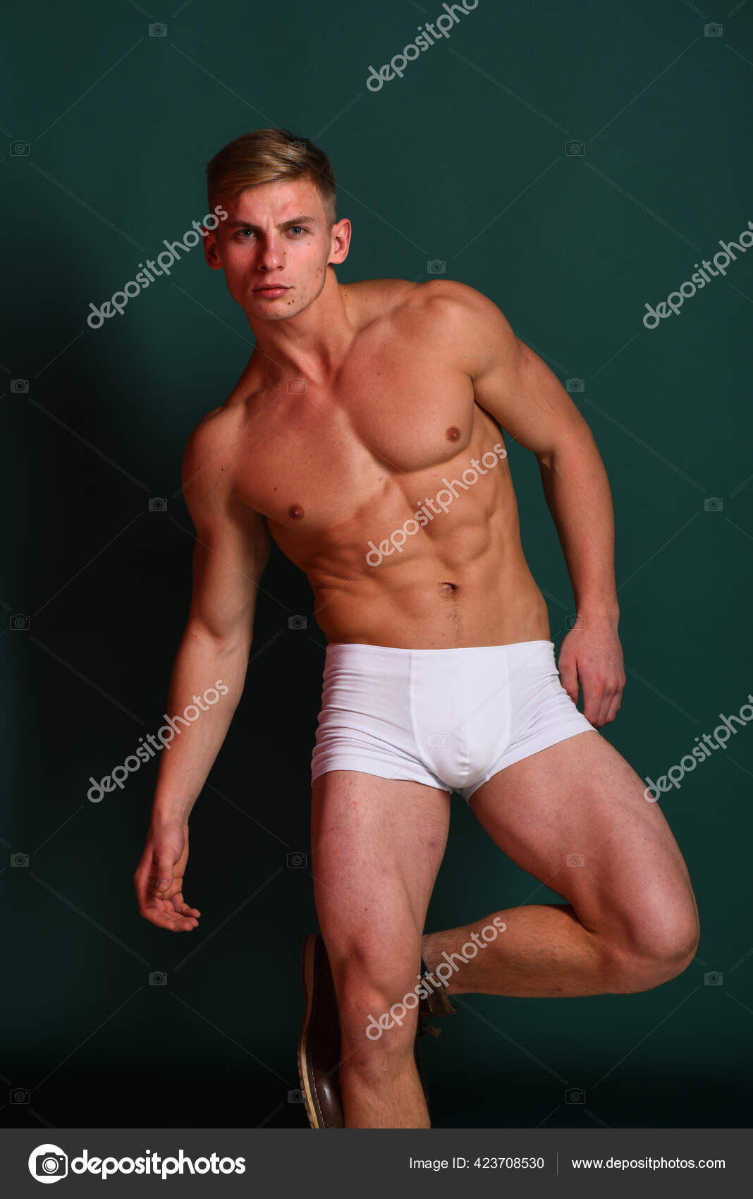 Image Of Handsome Naked Guys Posing In White Briefs Stock Photo