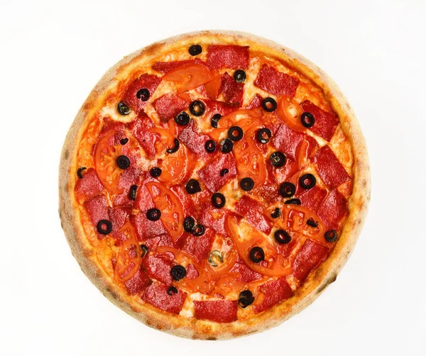 Entrega e conceito de cozinha italiana. Pizza com pepperoni e tomates — Fotografia de Stock