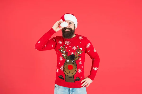 Dear santa. merry christmas. cheerful bearded man in santa hat and sweater. brutal hipster celebrate xmas party. winter holiday preparations. male winter knitwear fashion. happy new year — Stock Photo, Image