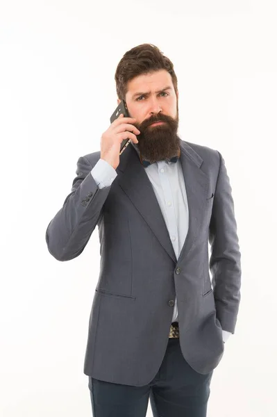 Good business talk. Man manager phone conversation. Guy with smartphone call friend. Mobile call concept. Successful business call. Business information. Businessman calling client hold smartphone — Stock Photo, Image