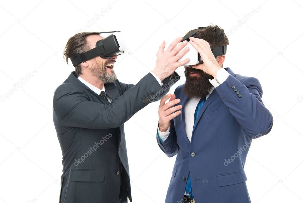 Experimental experience. Business innovation. Vr presentation. Men vr glasses modern technology. Virtual business. Online business concept. Men bearded formal suits. Digital and cyber technologies
